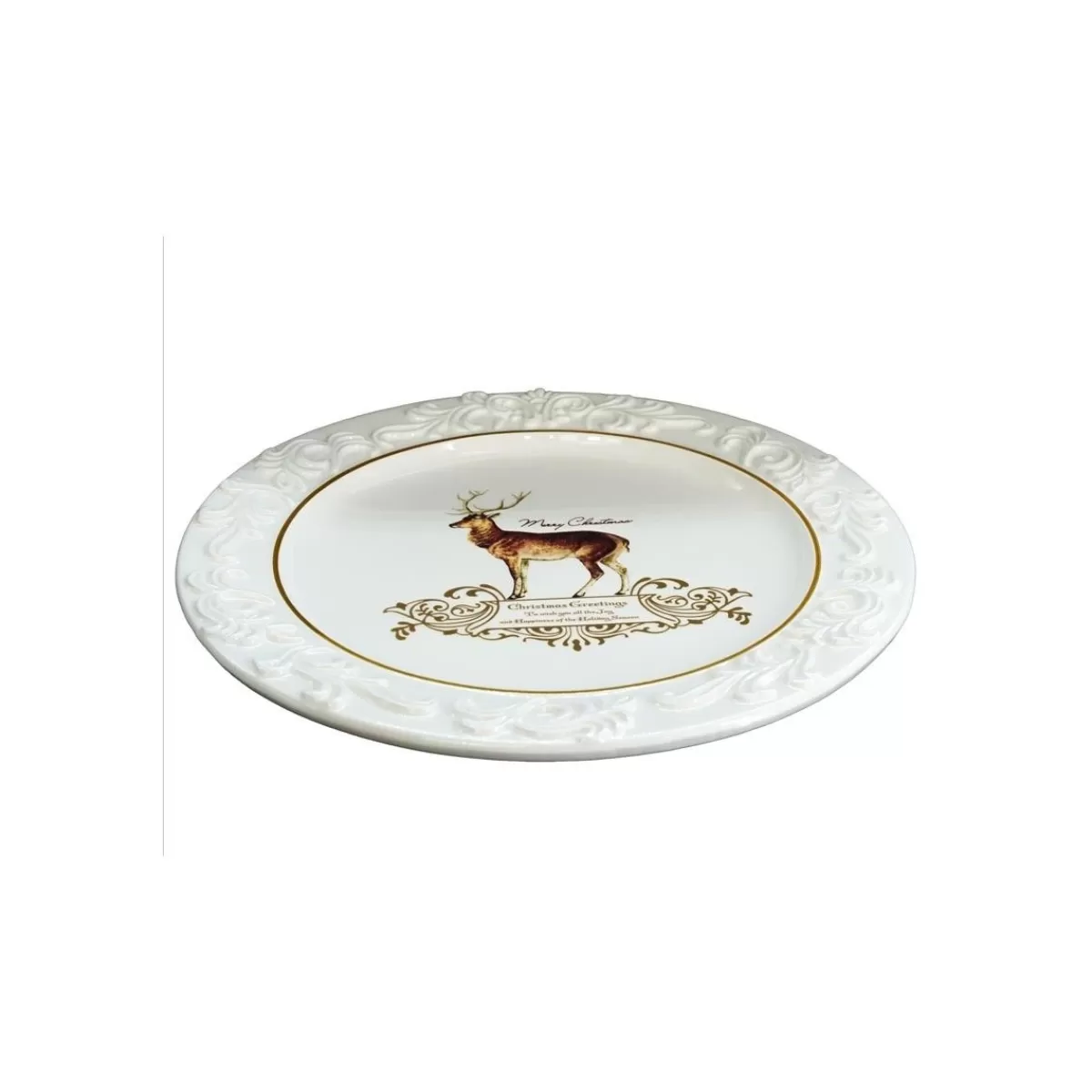 Gloria Store Ceramica<Piatto Tondo In Ceramica Bianco Con Renna D.25,5 Cm